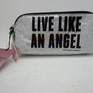 VICTORIA'S SECRET Fashion Show Silver Sequin Wedge Zip Case LIVE LIKE AN ANGEL